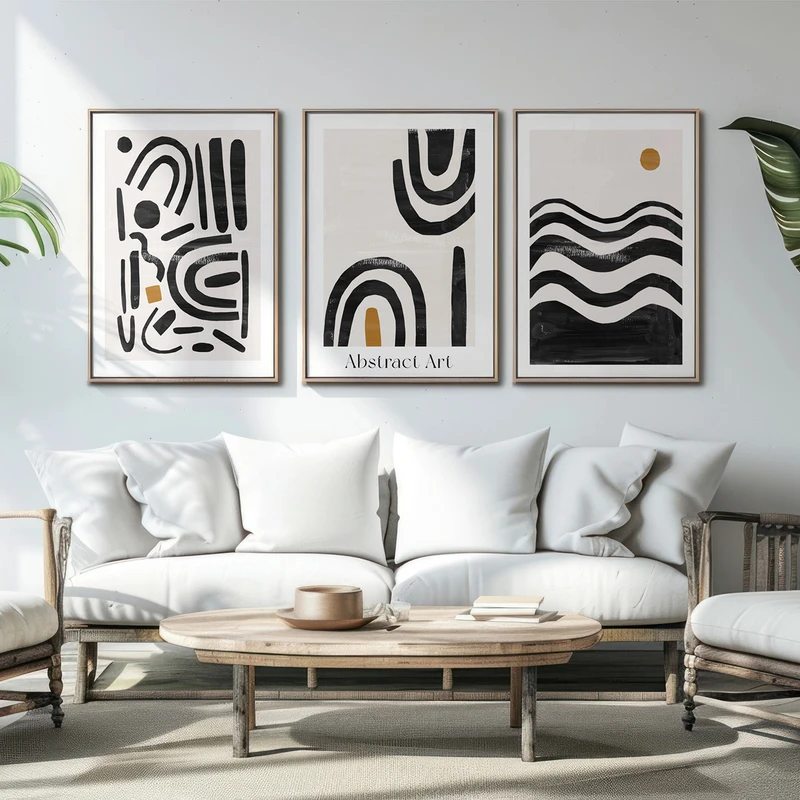 שלישיית תמונות לבית – אמנות קווים וגלים מודרניים