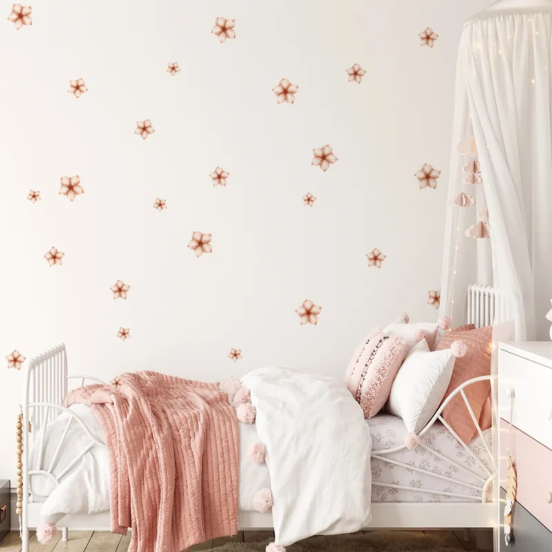 מדבקות קיר פרחי בוהו שיק בעיצוב פסטלי רך לחדרי בנות