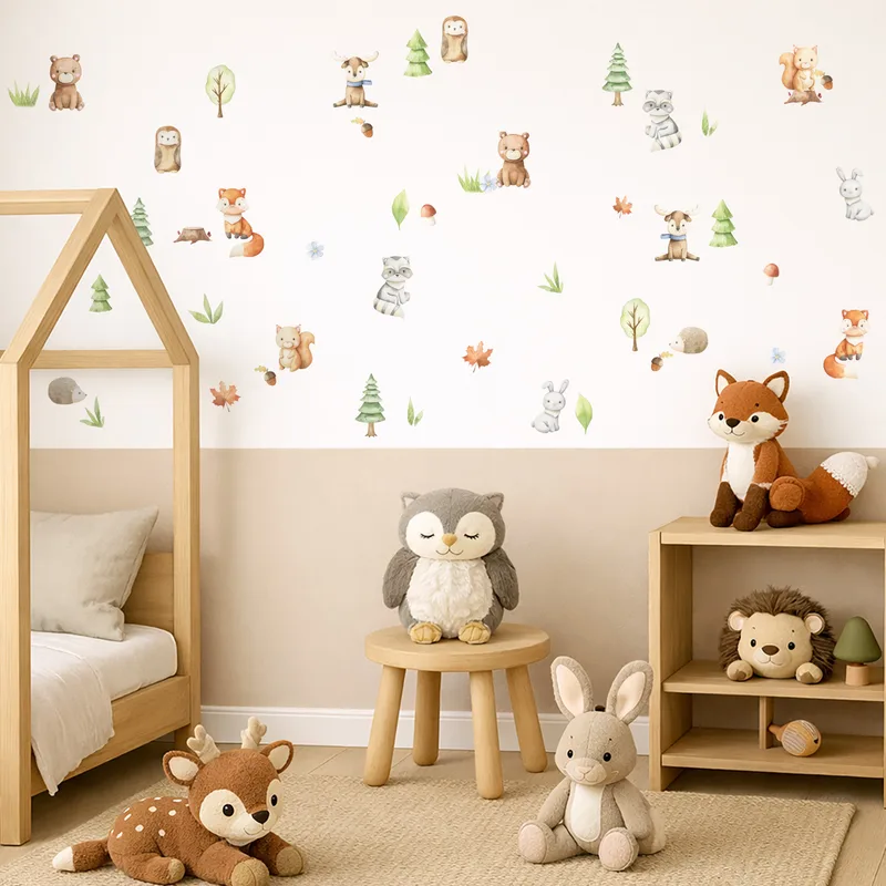 מדבקות קיר חיות יער – וינטג' בצבעי מים לעיצוב חדר ילדים