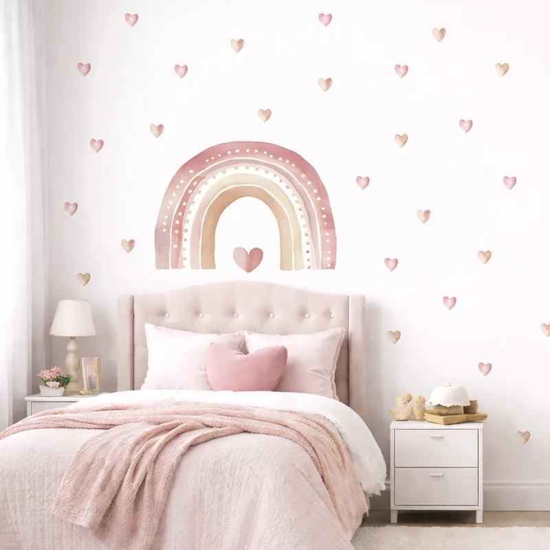מדבקות קיר קשת בוהו ולבבות – עיצוב ניוד עדין לחדר ילדים