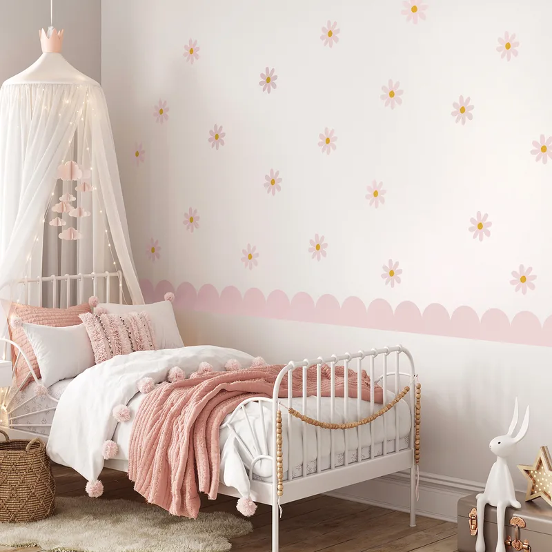 סט בורדר ורוד ומדבקות פרחים – לעיצוב קיר לחדר ילדות