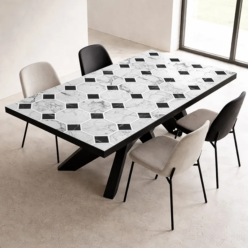מפת שולחן PVC שיש משושים שחור לבן