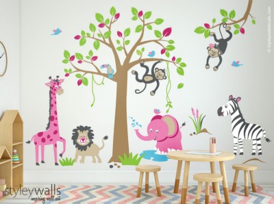 מדבקת קיר לחדר ילדים חיות עץ וג'ונגל לחדרי בנות