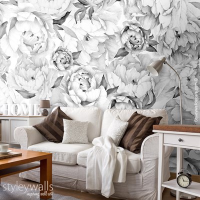 טפט לקיר פרחי אדמוניות Peony שחור לבן