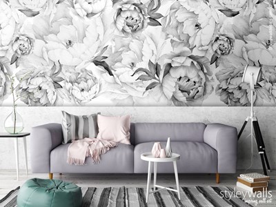 טפט לקיר פרחי אדמוניות Peony שחור לבן