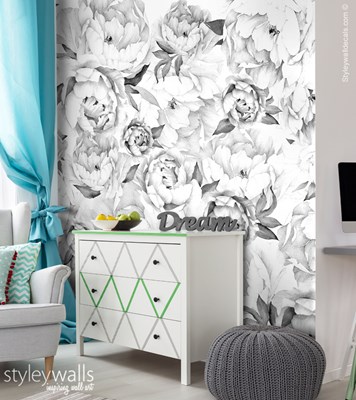 טפט פרחי אדמוניות שחור לבן Peony