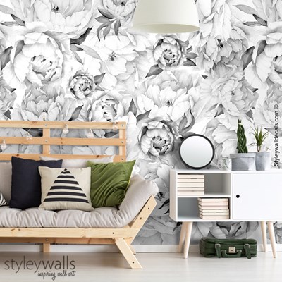 טפט פרחי אדמוניות שחור לבן Peony