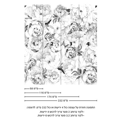 טפט לקיר פרחי אדמוניות Peony שחור לבן