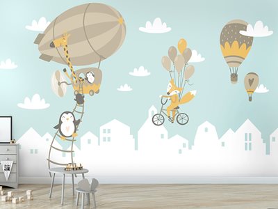 טפט לקיר כדורים פורחים וזפלין עם חיות