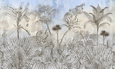 טפט לקיר טרופי עם חיות ועלים- עם רקע בטון