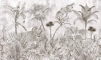 טפט לקיר טרופי עם חיות ועלים- עם רקע בטון PARADISE לבן