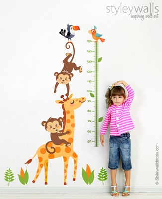 מדבקת קיר מד גובה גירפה וקוף