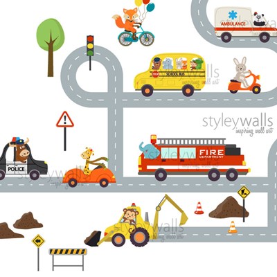 מדבקת קיר לילדים כפר חיות כביש מכוניות תחבורה בתים