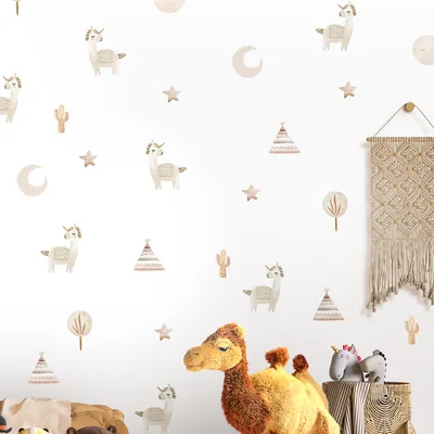 מדבקות קיר לאמות בוהו שיק – טיפי וקקטוסים לחדר ילדים