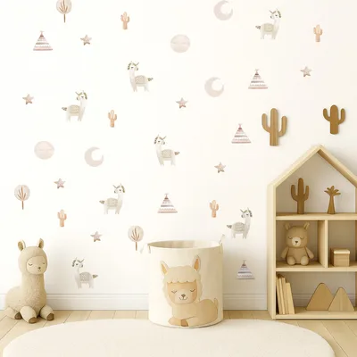 מדבקות קיר לאמות בוהו שיק – טיפי וקקטוסים לחדר ילדים