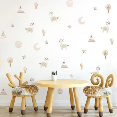 מדבקות קיר לאמות בוהו שיק – טיפי וקקטוסים לחדר ילדים