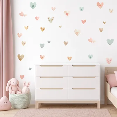 מדבקות קיר לבבות פסטל בוהו – עיצוב עדין לחדר ילדים