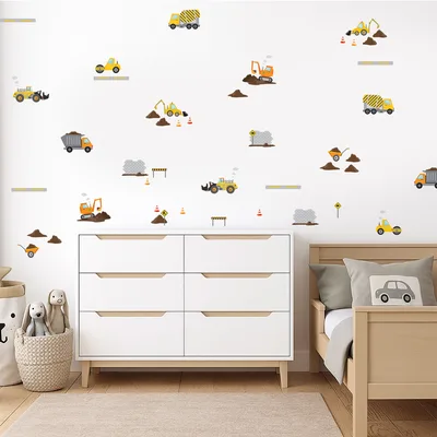 מדבקות קיר בנייה וטרקטורים – קישוט קיר לחדר ילדים