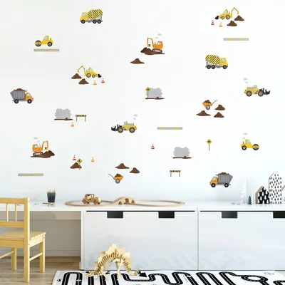 מדבקות קיר בנייה וטרקטורים – קישוט קיר לחדר ילדים