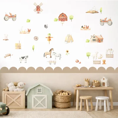 מדבקות קיר חווה לילדים – סוסים, פרות, תרנגולים וטרקטורים