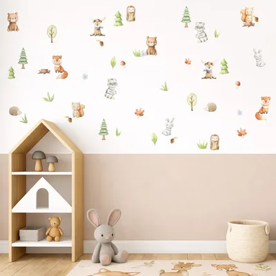 מדבקות קיר חיות יער – וינטג' בצבעי מים לעיצוב חדר ילדים