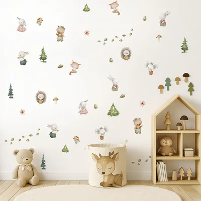 מדבקות קיר חיות יער בצבעי מים – ארנבים ושועלים בסגנון בוהו