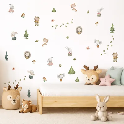 מדבקות קיר חיות יער בצבעי מים – ארנבים ושועלים בסגנון בוהו