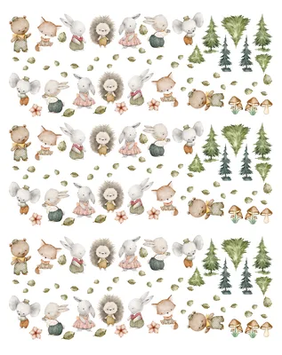 מדבקות קיר חיות יער בצבעי מים – ארנבים ושועלים בסגנון בוהו