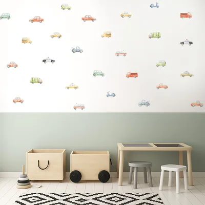 מדבקות קיר מכוניות בצבעי מים – רכבים לחדר ילדים