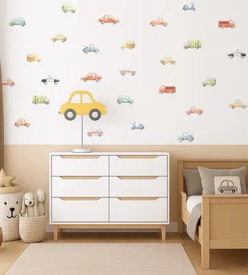 מדבקות קיר מכוניות בצבעי מים – רכבים לחדר ילדים