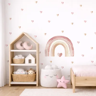 מדבקות קיר קשת בוהו ולבבות – עיצוב ניוד עדין לחדר ילדים