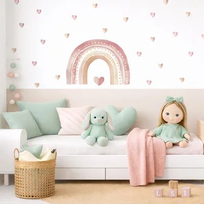 מדבקות קיר קשת בוהו ולבבות – עיצוב ניוד עדין לחדר ילדים