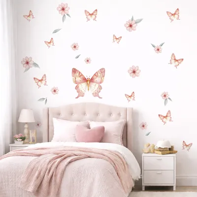 מדבקות קיר פרפרים ופרחים –מדבקות קיר בוהו לחדר ילדות