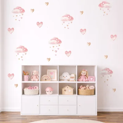סט מדבקות קיר עננים ורודים ולבבות | עיצוב קיר חדר ילד/ה