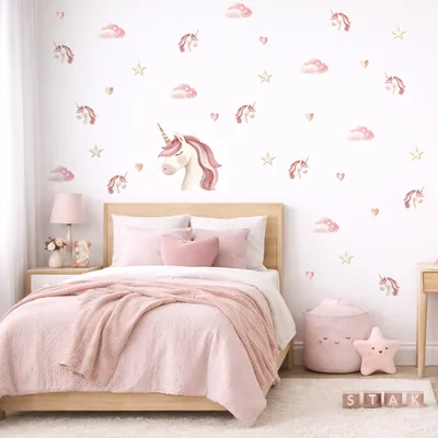 מדבקות קיר יוניקורן לחדר ילדים – חד קרן כוכבים ועננים