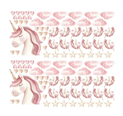 מדבקות קיר יוניקורן לחדר ילדים – חד קרן כוכבים ועננים
