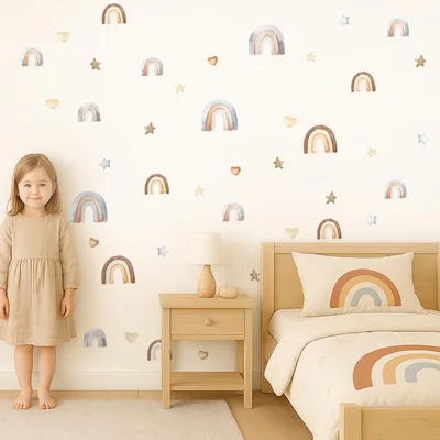 סט מדבקות קיר קשתות צבעי מים – כוכבים ולבבות לחדר ילדים