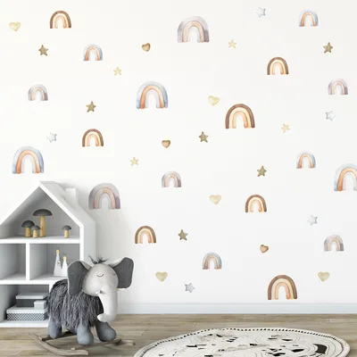 סט מדבקות קיר קשתות צבעי מים – כוכבים ולבבות לחדר ילדים