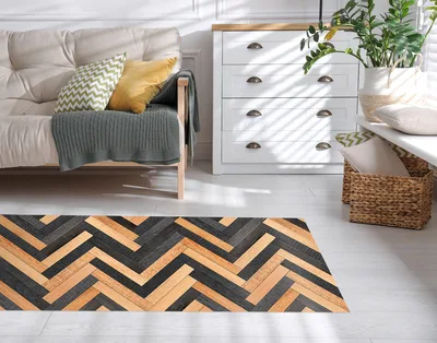 שטיח PVC למטבח דמוי פרקט פישבון שחור ועץ