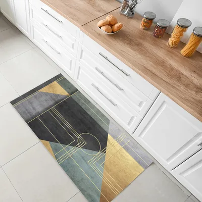 שטיח פי וי סי למטבח בעיצוב מודרני שחור זהב וירוק