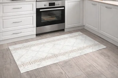 שטיח PVC למטבח בעיצוב נורדי בהיר עם מסגרת דקורטיבית