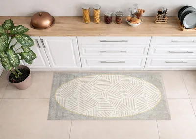 שטיח למטבח פי וי סי PVC בעיצוב בוהו שיק בגווני קרם ואפור