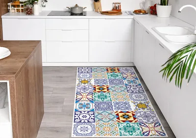 שטיח פי וי סי למטבח בסגנון אריחים ספרדיים מרוקאיים