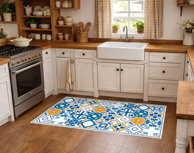 שטיח PVC למטבח בעיצוב אריחים כחול לבן בסגנון ים תיכוני