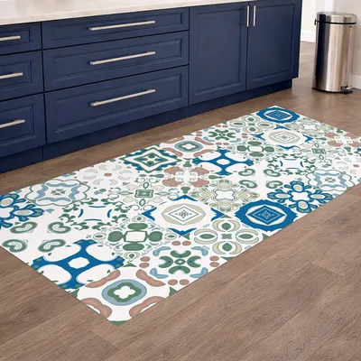 שטיח PVC למטבח דוגמת פסיפס מרוקאי בגווני כחול־טורקיז