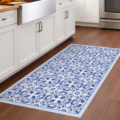 שטיח PVC למטבח בעיצוב אריחים מרוקאיים כחול לבן קלאסי