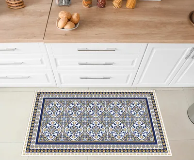 שטיח פי וי סי למטבח דוגמת פסיפס אזולז’ו כחול עם מסגרת דקורטיבית