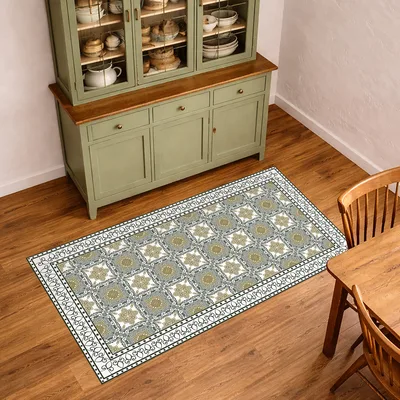 שטיח PVC למטבח דוגמת קרמיקה וינטג’ ירוק