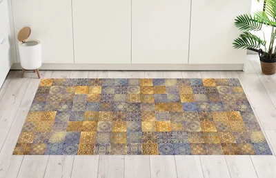 שטיח פי וי סי למטבח בעיצוב אריחים מרוקאיים בגווני זהב וכחול