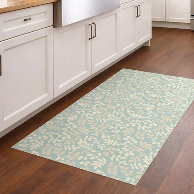 שטיח PVC למטבח בעיצוב עלים פסטל בגוון מנטה עדין